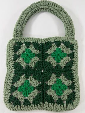 Handmade Granny Square Crochet Shoulder Bag Green Floral Boho Y2K Knit Purse